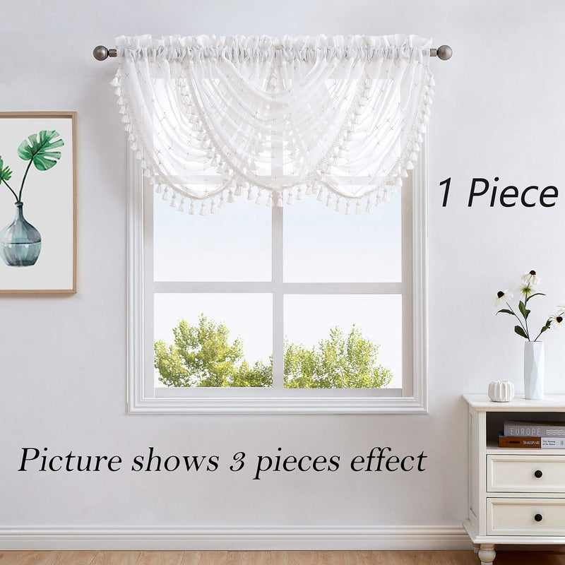 Central Park White Waterfall Valance Window Curtain Linen Texture Gray GEO Embroidery Rod Pocket for Living and Bedroom Semi Sheer Kitchen Curtain, 56"x38", 1 Piece - Image 2